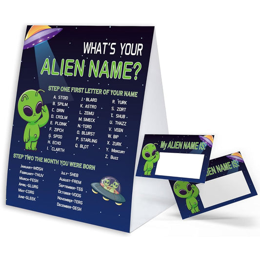 What's Your Alien Name Game Sign with Name Tag Sticker Baby Shower Decorations Birthday Party Games Baby Shower Games Family Class Office Activities for Adults & Kids PTWYN03
