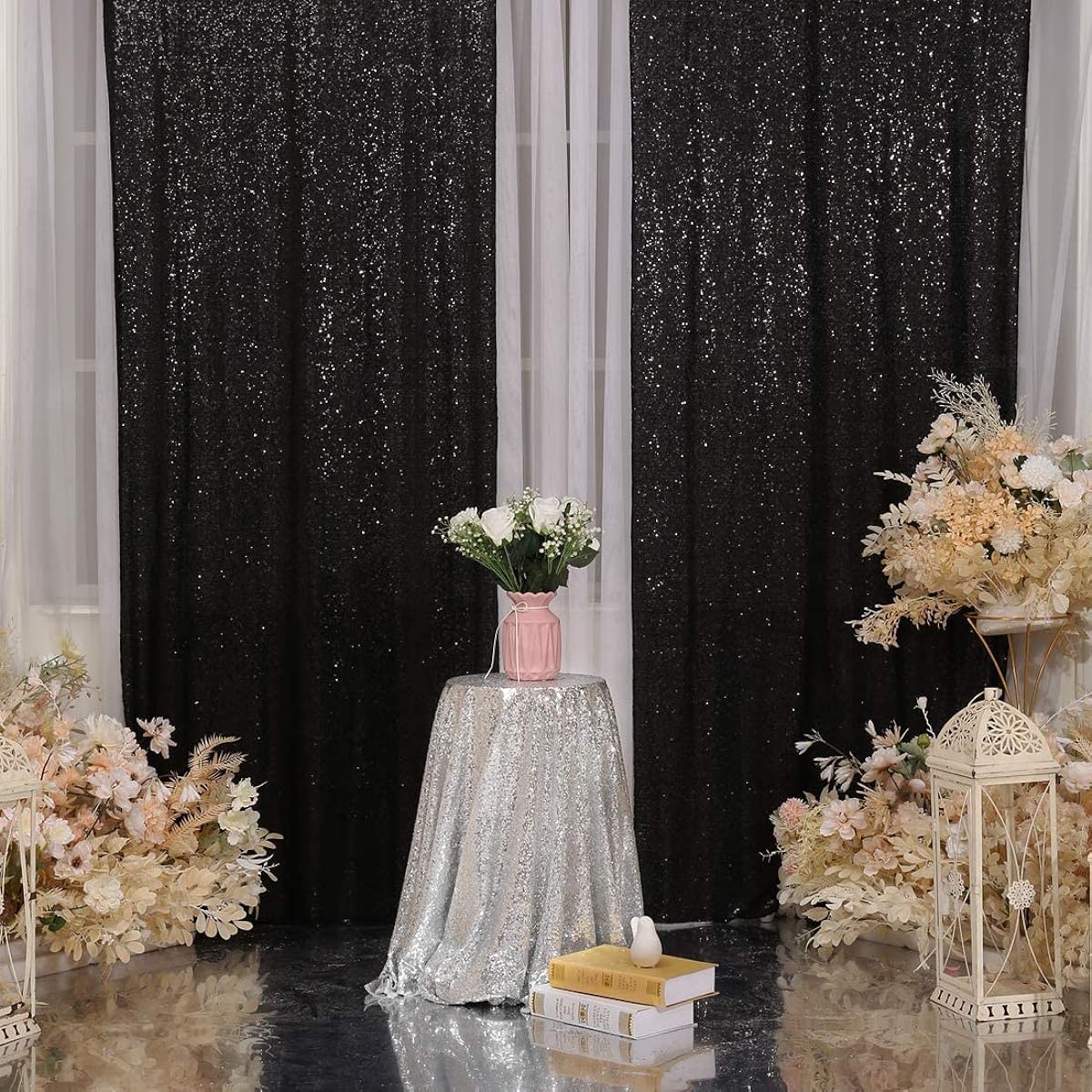 Black Sequin Backdrop Curtains 4 Pieces 3ft x 8ft Sequin Backdrop Panels Sequence Wedding Party Backdrop Drapes