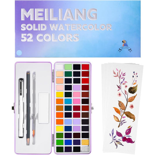 MeiLiang 52 Watercolor Paint Set, Travel Watercolor Paint Set, Drawing Pencils, Paint Brushes, 5 Watercolor Papers, Sponge & Black Drawing Pen, Watercolor Paints for Adults Art Supplies, Purple Case