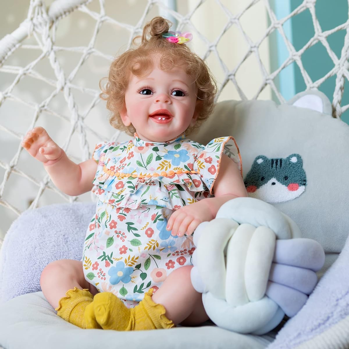 ROSHUAN Reborn Baby Doll Toddler 24 Inch Reborn Toddler Blonde Smiling Girl Silicone Realistic Toddler Bev Doll with Teeth Kids Gift