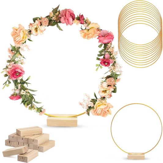 FOVERN1 12 Pack Metal Floral Hoops 12 Inch Large Metal Floral Hoop Centerpiece with Wooden Place Card Holder Gold Wreath Macrame Hoop Ring for Crafts/Wedding/Table Decor/Christmas Decorations