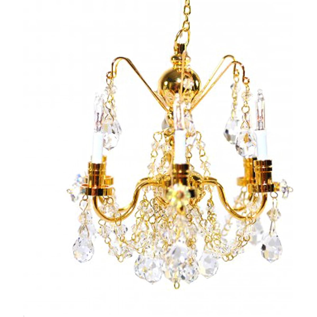 Melody Jane Dollhouse 6 Arm Real Crystal Chandelier Gold Finish Miniature Electric Light