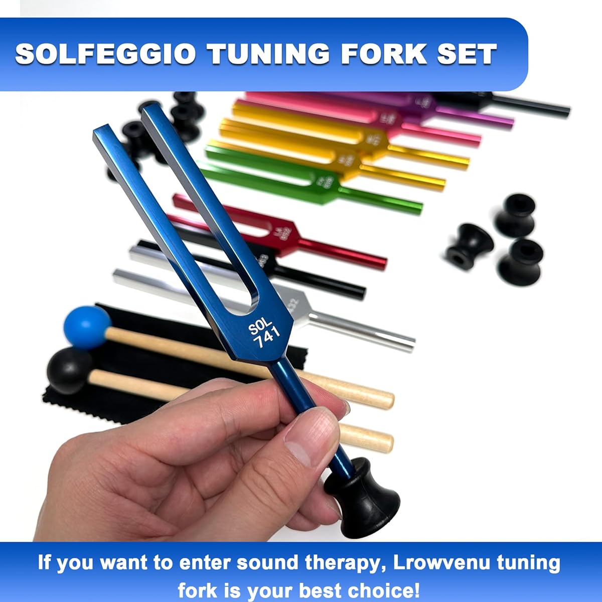 Lrowvenu Solfeggio Tuning Fork Set of 10 Pieces Weightless Color Solfeggio Tuning Fork Aluminum Alloy with 2 Rubber Mallets Cleaning Cloth Exquisite Aluminum Box