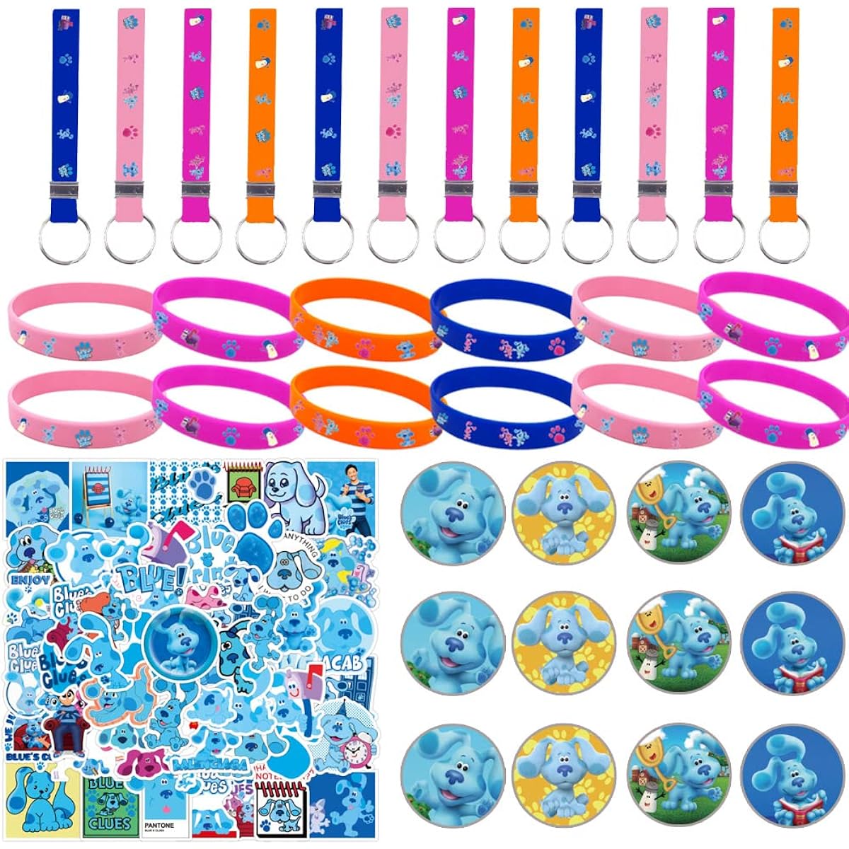 Blue's Clues Party Supplies Decorations - 86 Pack Party Favors Set - 12 Bracelets, 12 Button Pins, 12 Key Chains, 50 Stickers - Blue's Clues Themed Party Gifts