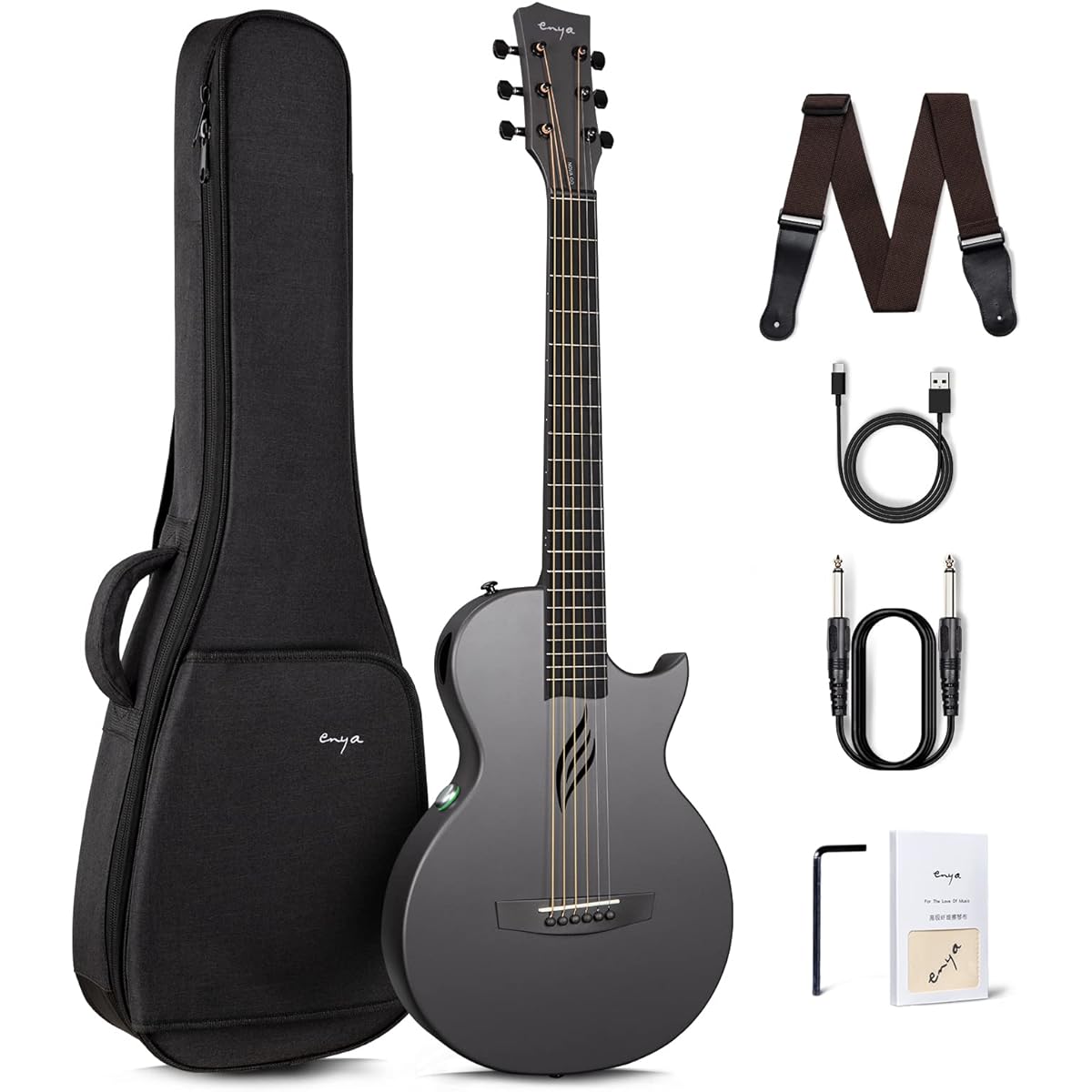 Enya Nova Go SP1 Acoustic Electric Guitar, Carbon Integrated Mini Guitar with AcousticPlus Pickup, Includes Guitar Case and Guitar Straps (Black)