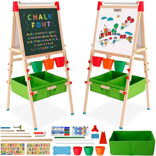 Kids Easel Wooden Kids Art Easel Double Sided Standing Easel for Children Adjustable Height Preschool Art Easel with Paper Roll Storage Box Watercolor Pens for Ages 2-15