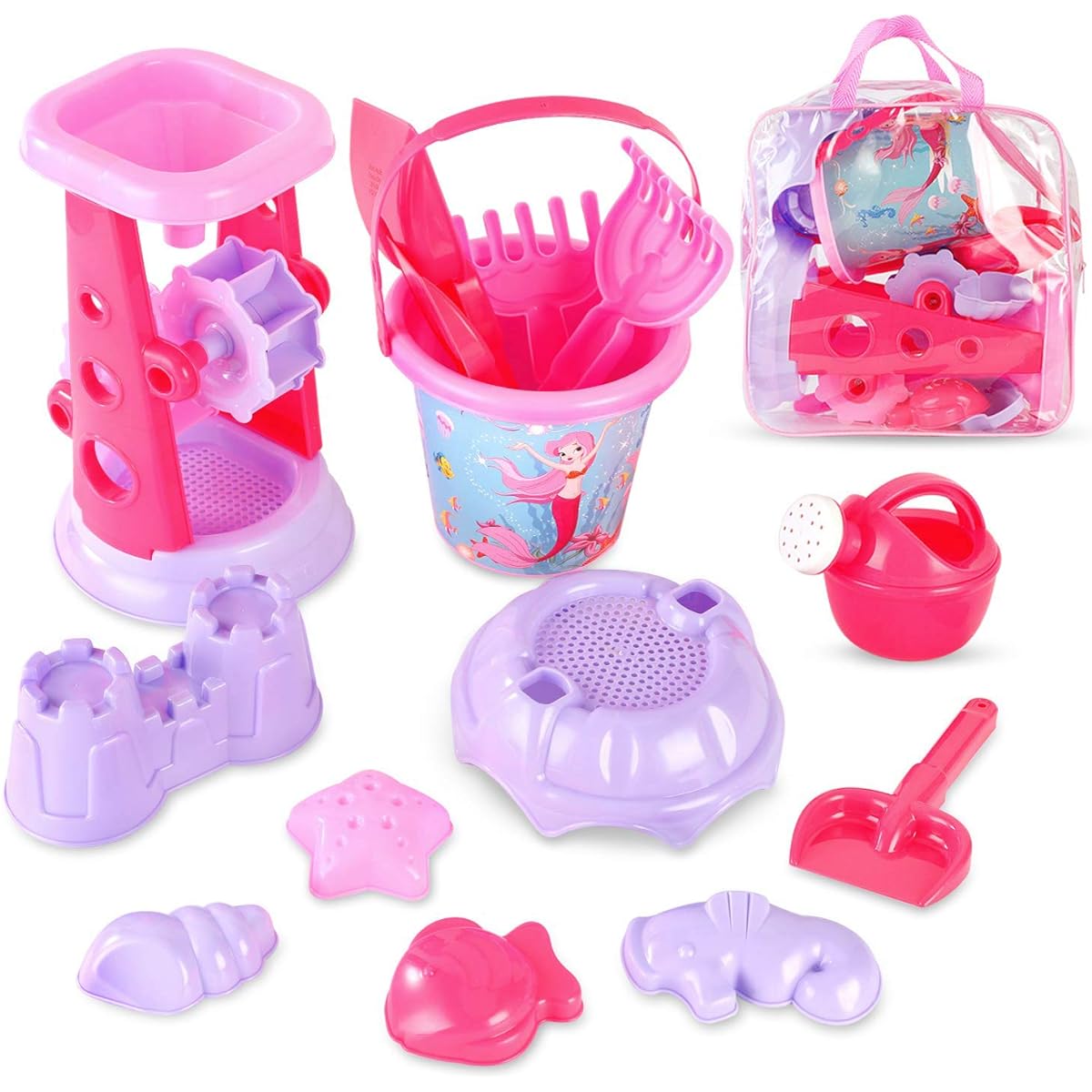 Liberty Imports Pink Princess Sand Ring Beach Set Toy with Zippered Bag for Girls - Sand Sifter, Mermaid Bucket, Water Pot, Playthings and Molds (13 Piece Playset)