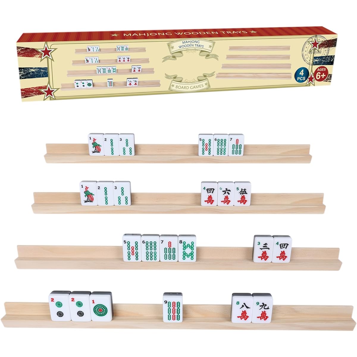 GOTHINK Wooden Mahjong Tray/Rack/Holder Set of 4 - Rack to Upgrade Your Mahjong Game - Mahjong, Mexican Train, Dominoes, etc. (Rack Only)