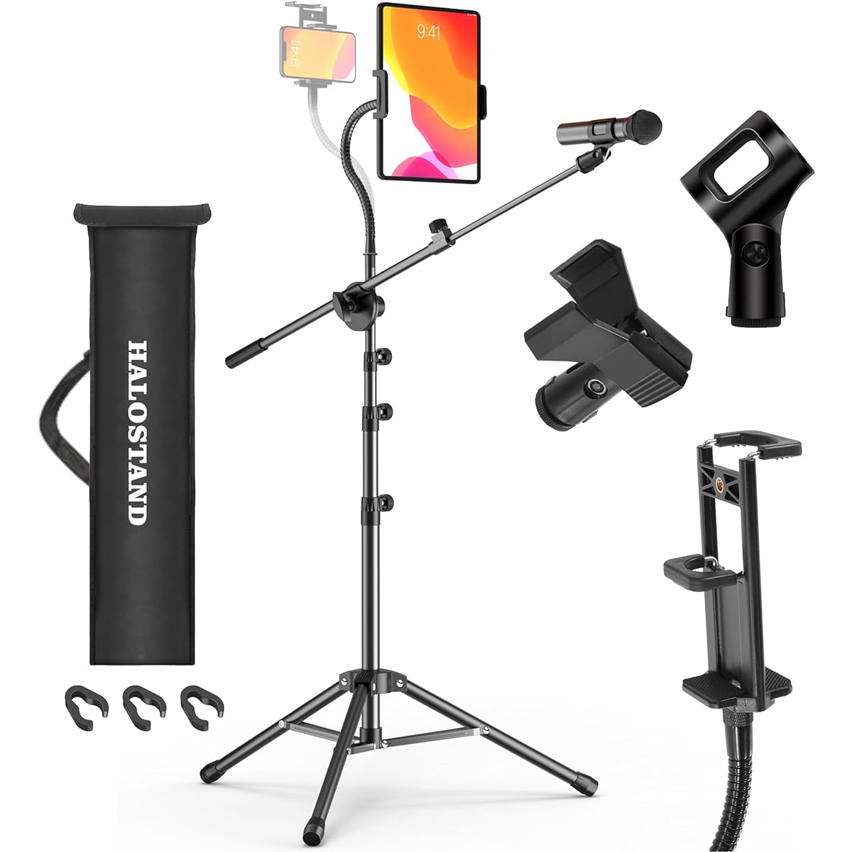Microphone Stand with iPad Clip, Floor Folding Microphone Stand with Phone Clip, Heavy Duty Tripod Boom Arm with 2 Microphone Clips, Carry Bag for Singing Karaoke Stage.