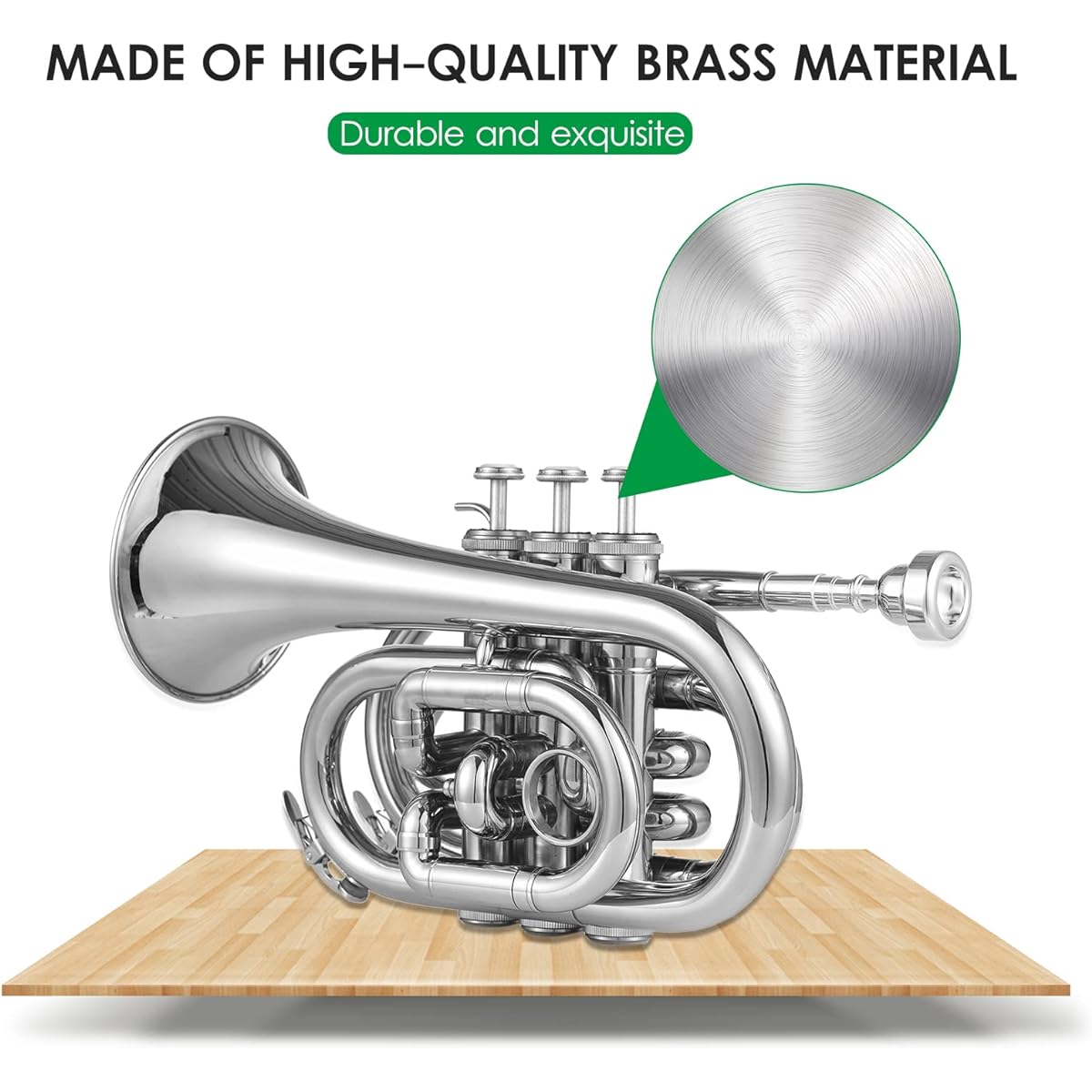 BUZHI Brass Trumpet Bb Trumpet Mini Pocket Trumpet with Mouthpiece Carry Bag Glove Cleaning Cloth Brass Instrument
