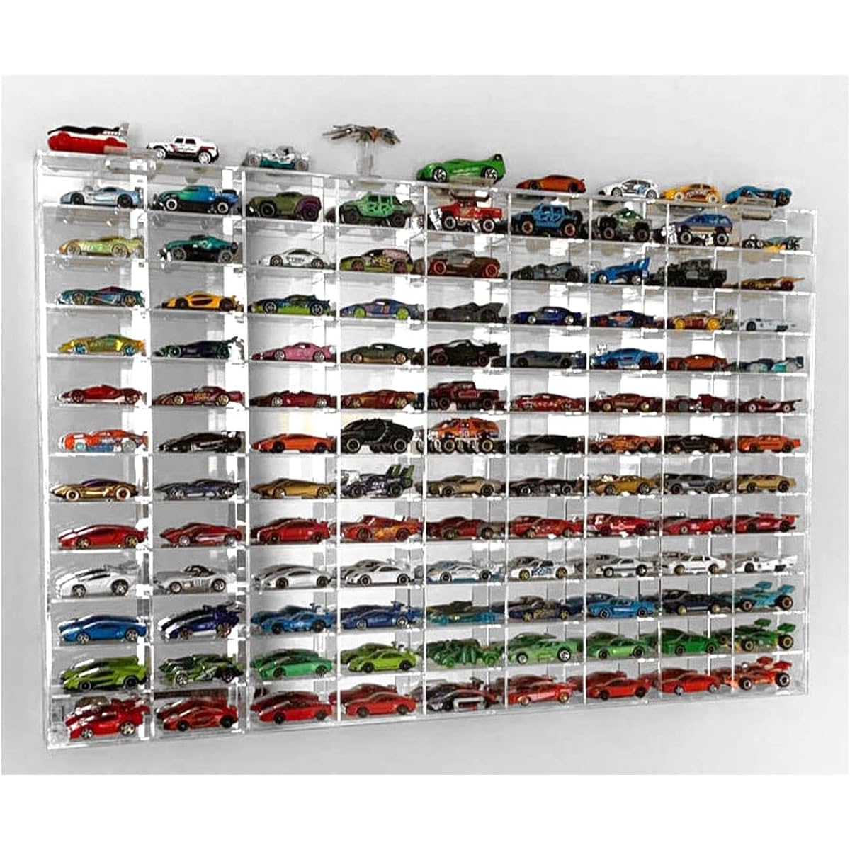 Display Case Wall Cabinet 1:64 Scale Matchbox Hot Toys Cars Wheels 108 Slots UV Protection Mirror Background