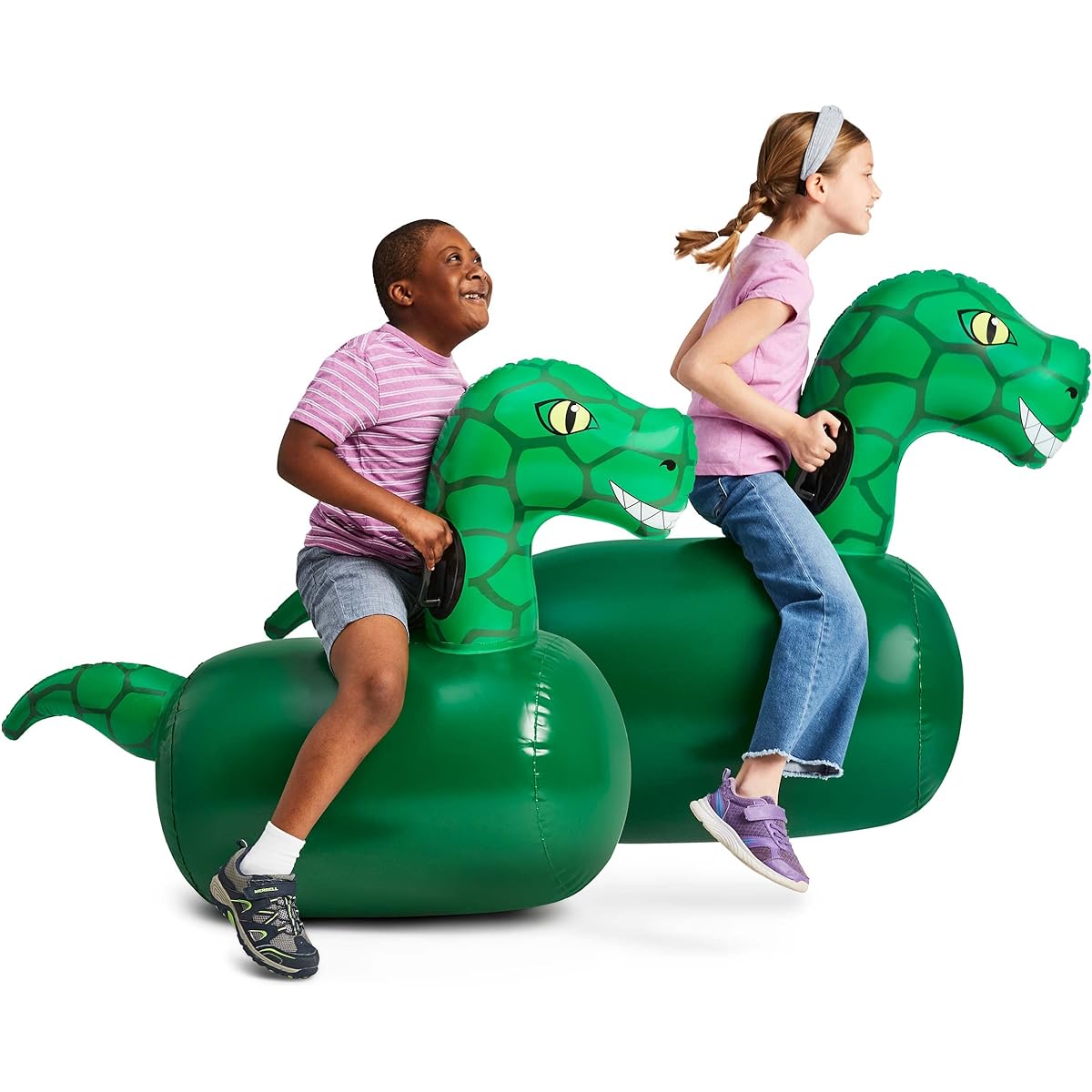 HearthSong Hop 'n Go Inflatable Bouncy Ride-Ons 48"L x 20"W x 42"H Set of 2 Outdoor Play for Ages 5+ Dinosaurs