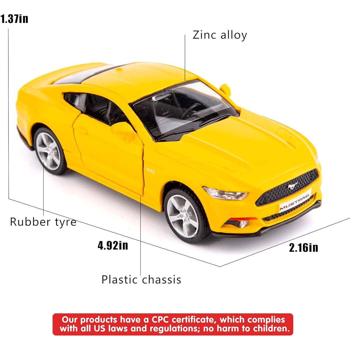 TGRCM-CZ 1/36 Scale Mustang 2015 Casting Car Model Zinc Alloy Kids Toy Pull Back Car Toddler Children Boys Girls Gift (Yellow)