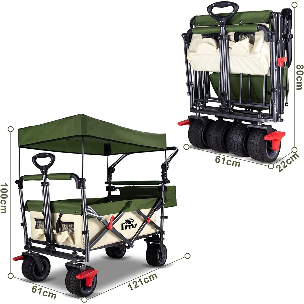 TMZ Folding All Terrain Garden Vehicle, Outdoor Camping Camping Vehicle, Removable Roof, Telescoping Pull Rod, Multi-Speed Adjustable Push Rod, Patented Rear Wheel Swivel Folding Vehicle, 100L Max Load 120KG (Beige/Green )