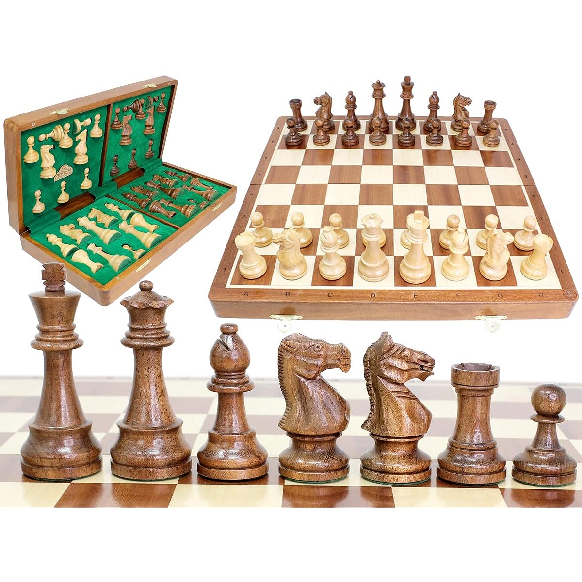 House of Chess - Fierce Knight Staunton 4" King Size Chess Set and 18" Folding Chess Board with Acacia Wood Algebraic Writing + 2 Extra Queens, 4 Extra Knights & 2 Extra Pawns