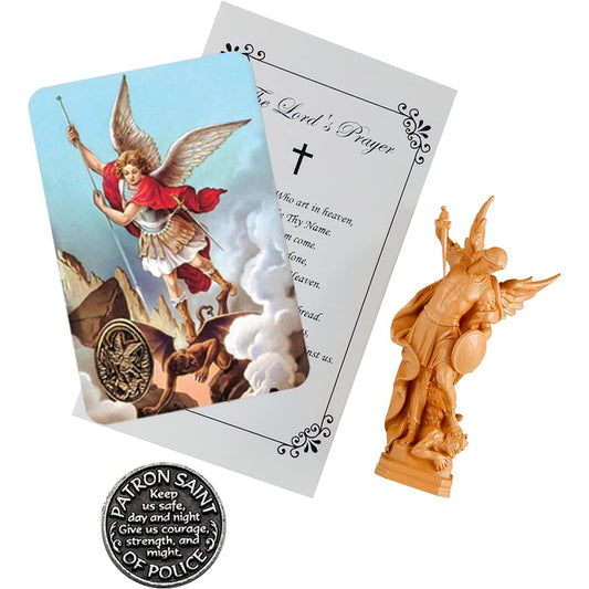 2.5" Mini Saint Michael Statue with Laminated Saint Prayer Cards, Pocket Token Coin, Lord's Prayer, Small Archangel Michael Statue Figurine, Catholic San Miguel Arcángel Estatua, Set of 4