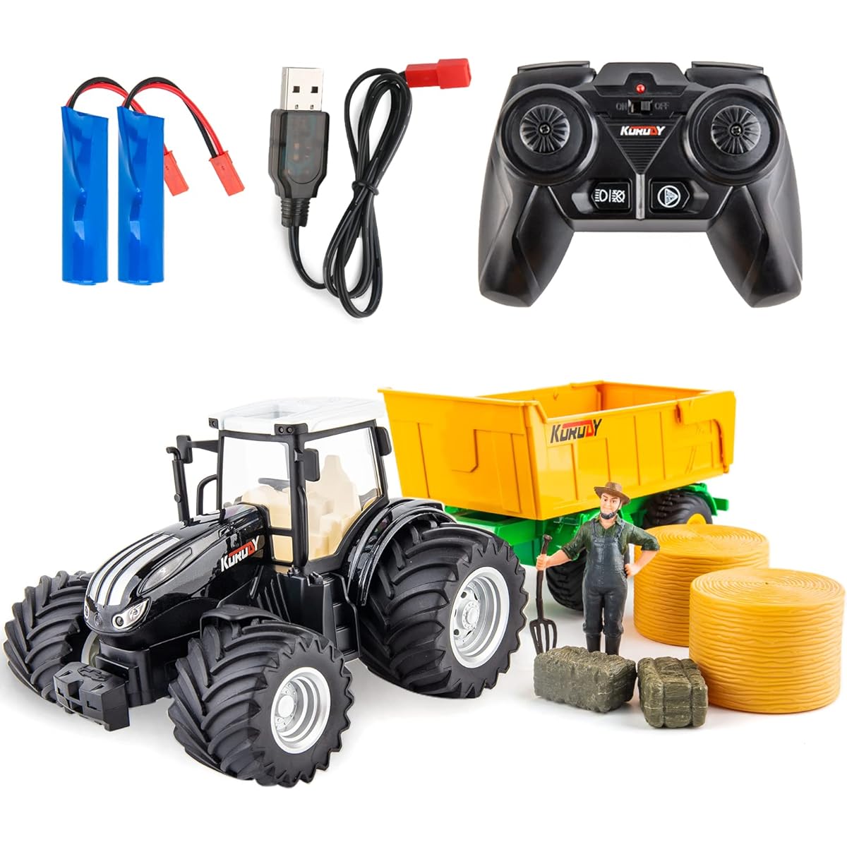 Remote Control Farm Tractor Toys Kids RC Tractor Kit & Truck and Dump Trailer - Metal Head Truck and Trailer, Hay Rake, Farmer Doll, Kids Farm Truck Toys Boys