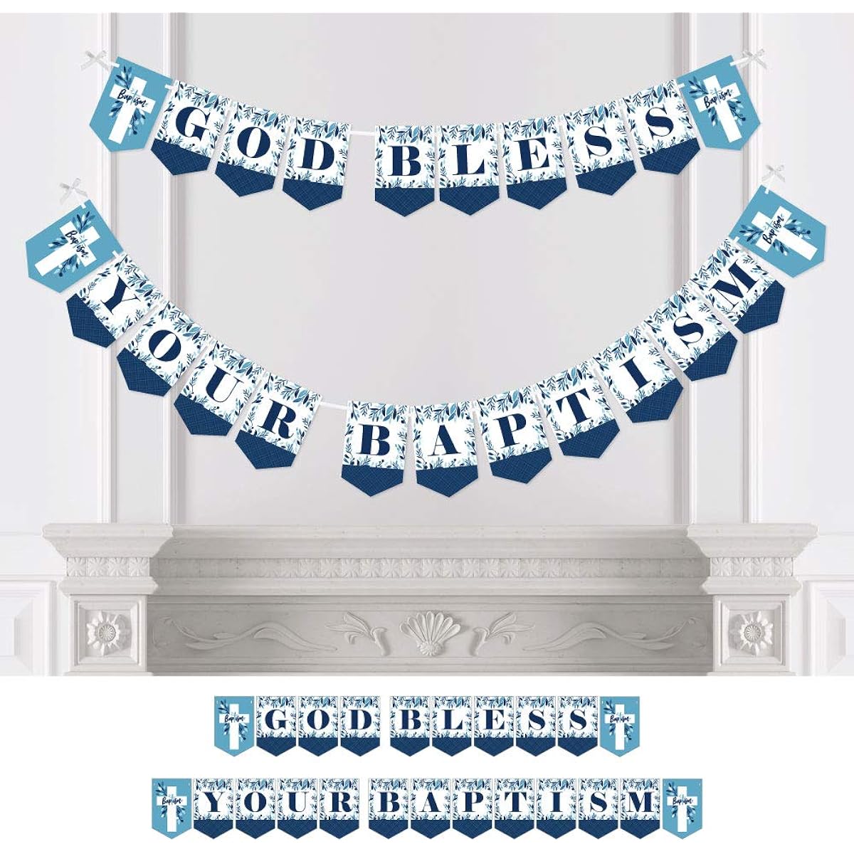 Big Dot of Happiness Baptism Blue Elegant Cross - Boys Religious Party Bunting Banner - Party Decorations - God Bless