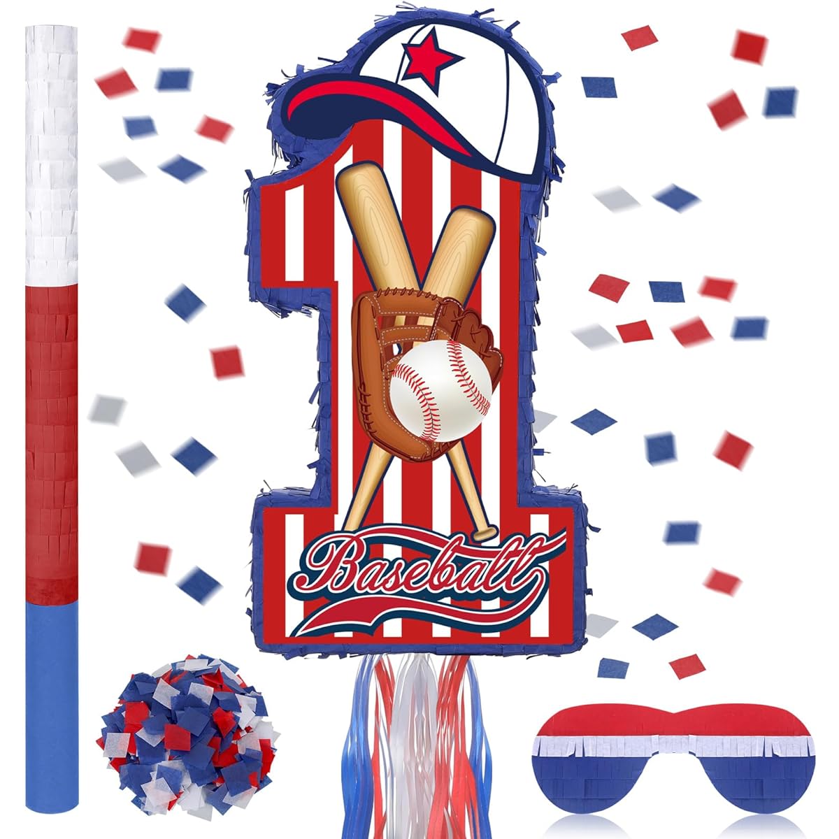 Baseball Number 1 Pinata 1st Birthday Party Decorations Pinata Birthday Party Supplies Pinata for Boys Blindfolded Pinata Stick Confetti 14 x 12 x 4 Inch