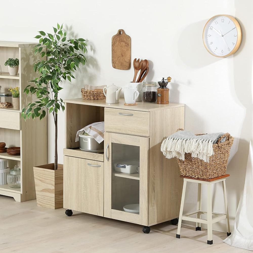 Fuji Boeki Kitchen Wagon Kitchen Storage Width 76.8 x Depth 39.8 x Height 84cm White Oak with Casters Assembly Product 70688