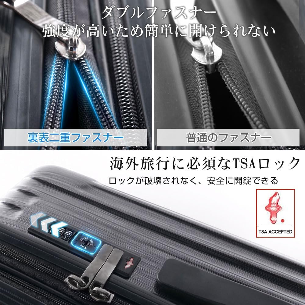 [ClioClio] Suitcase, Carry Case, Carry Bag with Expansion Function, Ultra Lightweight, Quiet, Double Casters [360 Degree Rotation & Removable] ABS+PC, Shockproof, Anti-Theft Zipper, Equipped with TSA Rourke, Travel, Business, Business Trip (Black, M Size