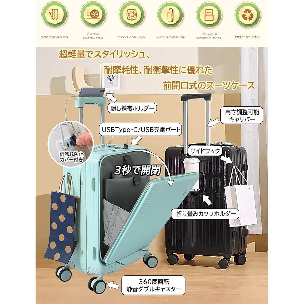 likevol Carry Case, Suitcase, Travel, Business Trip, Shockproof, Includes Cup Holder, USB Port, Quiet, 360 Degree Rotation, TSA Lock, Ultra Lightweight, Business, Stylish, Multi-Functional Front Open Computer Case (Blue, S Size/1-3 Nights/42L/Carry-on)