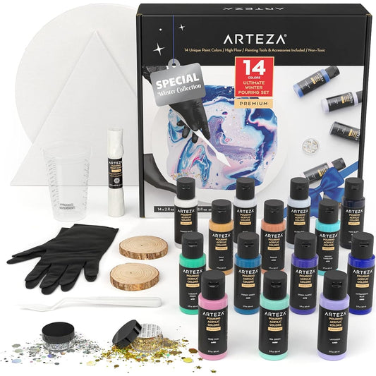 ARTEZA Acrylic Pouring Paint Kit, 14 Glossy Colors - 8 Pastels & Brights, 3 Iridescent, 3 Metallics, 2 Stretched Canvas, 2 Wood Slices, Glitter Paint Pouring Accessories for Arts & Crafts