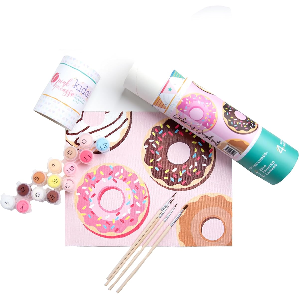 Pink Picasso Kit Paint by Numbers for Kids Ages 8-12 | DIY Beginner Kids Craft Kit Acrylic Paint Canvas Painting Art Kit & Wall Decor as Seen on Shark Tank | (Tasty Donuts) 8x10 Paint Kit Set