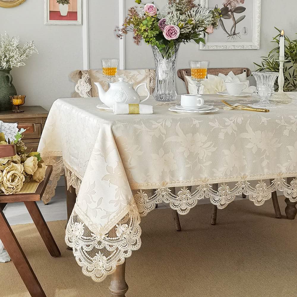 ARTABLE HOME Tablecloth Water-Repellent Jacquard Glossy Elegant Classical Gupeel Lace Dining Table (150x210cm, Champagne)