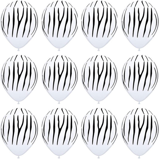 12 Zebra Print 11" Latex Balloons Qualatex Black & White Jungle Safari Party