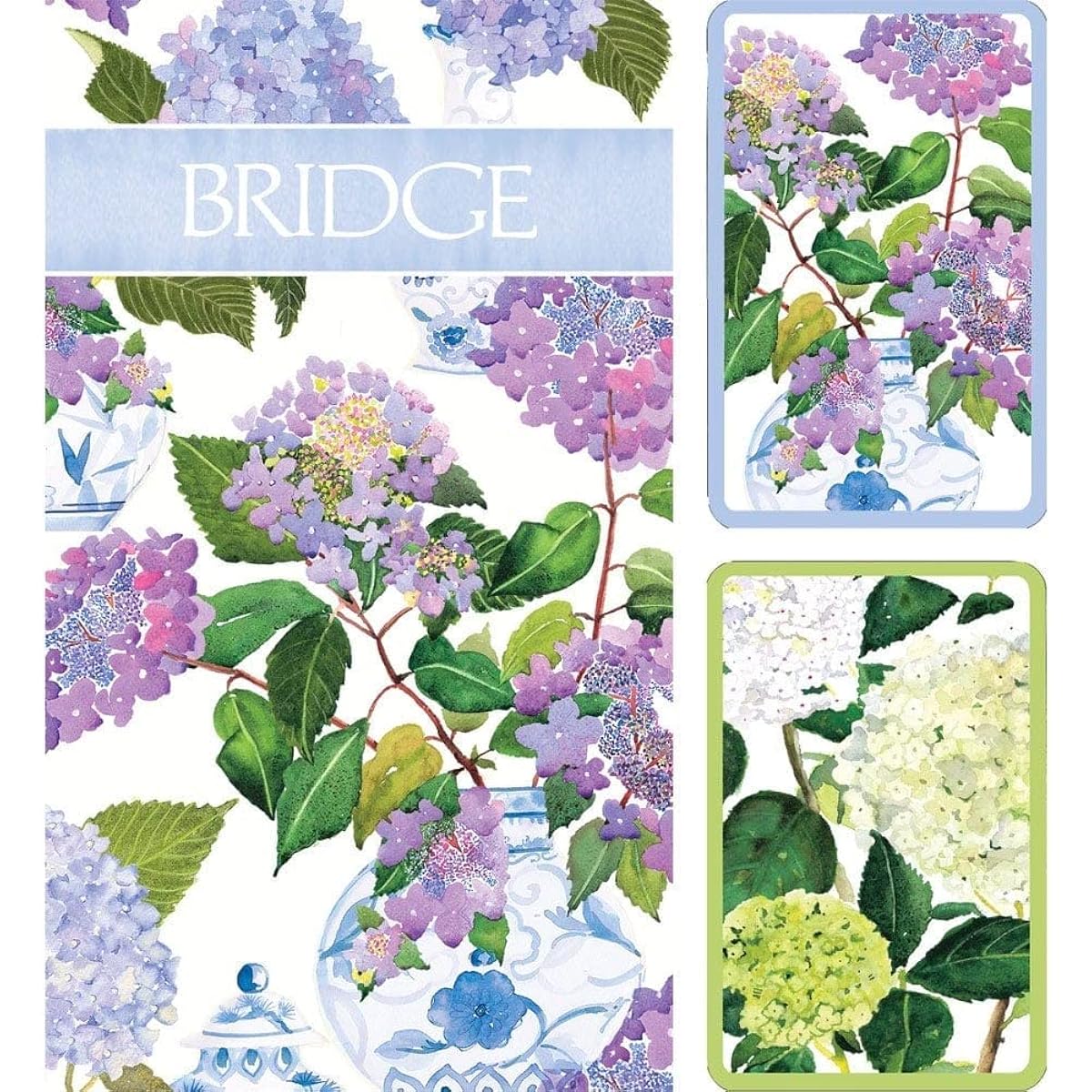 Caspari Hydrangea and Porcelain Large Bridge Gift Set, 2 Decks of Playing Cards, 2 Score Pads