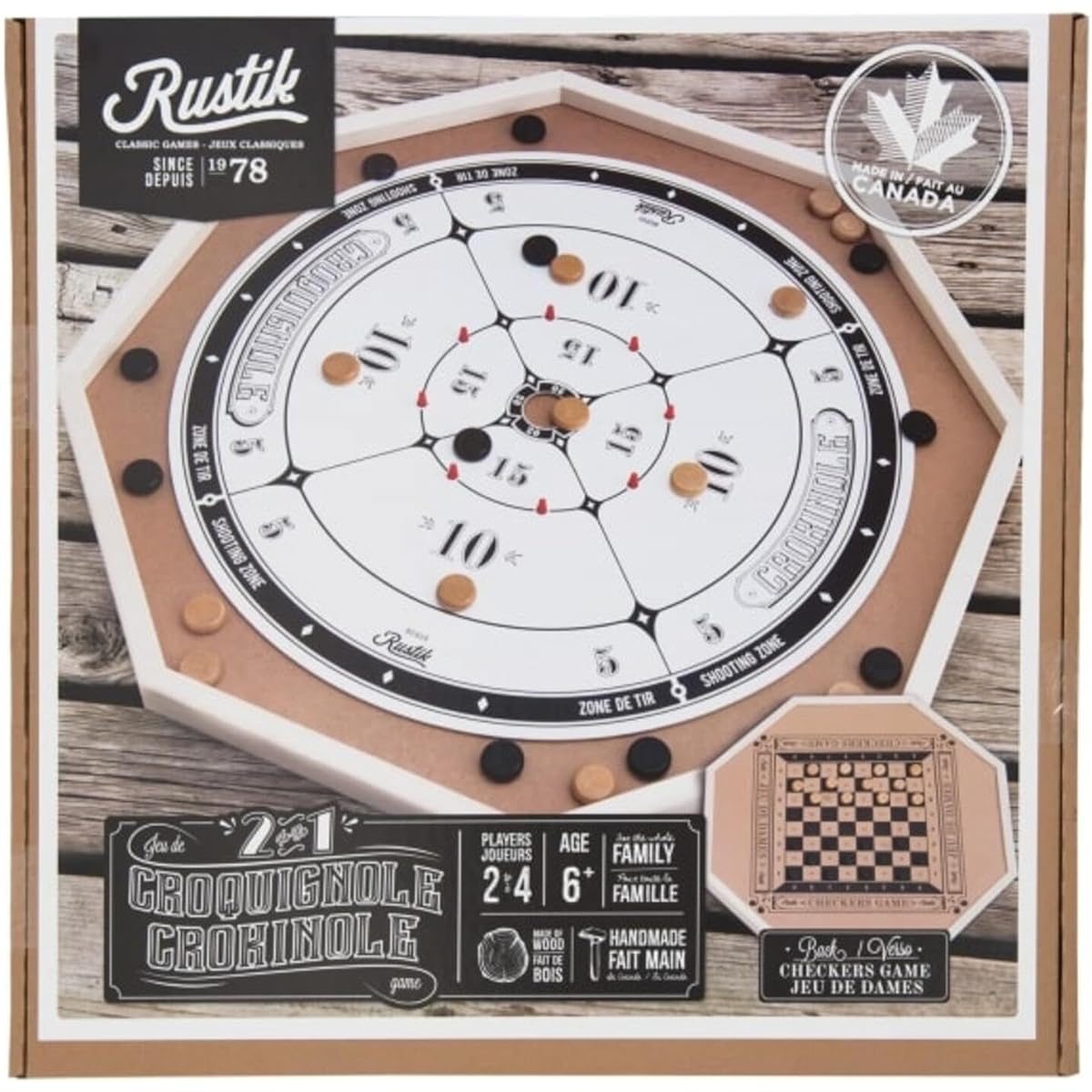 Rustik Crokinole Deluxe, Double Sided with Checkers Game on Back of Board. 70cm X 70cm Wide.