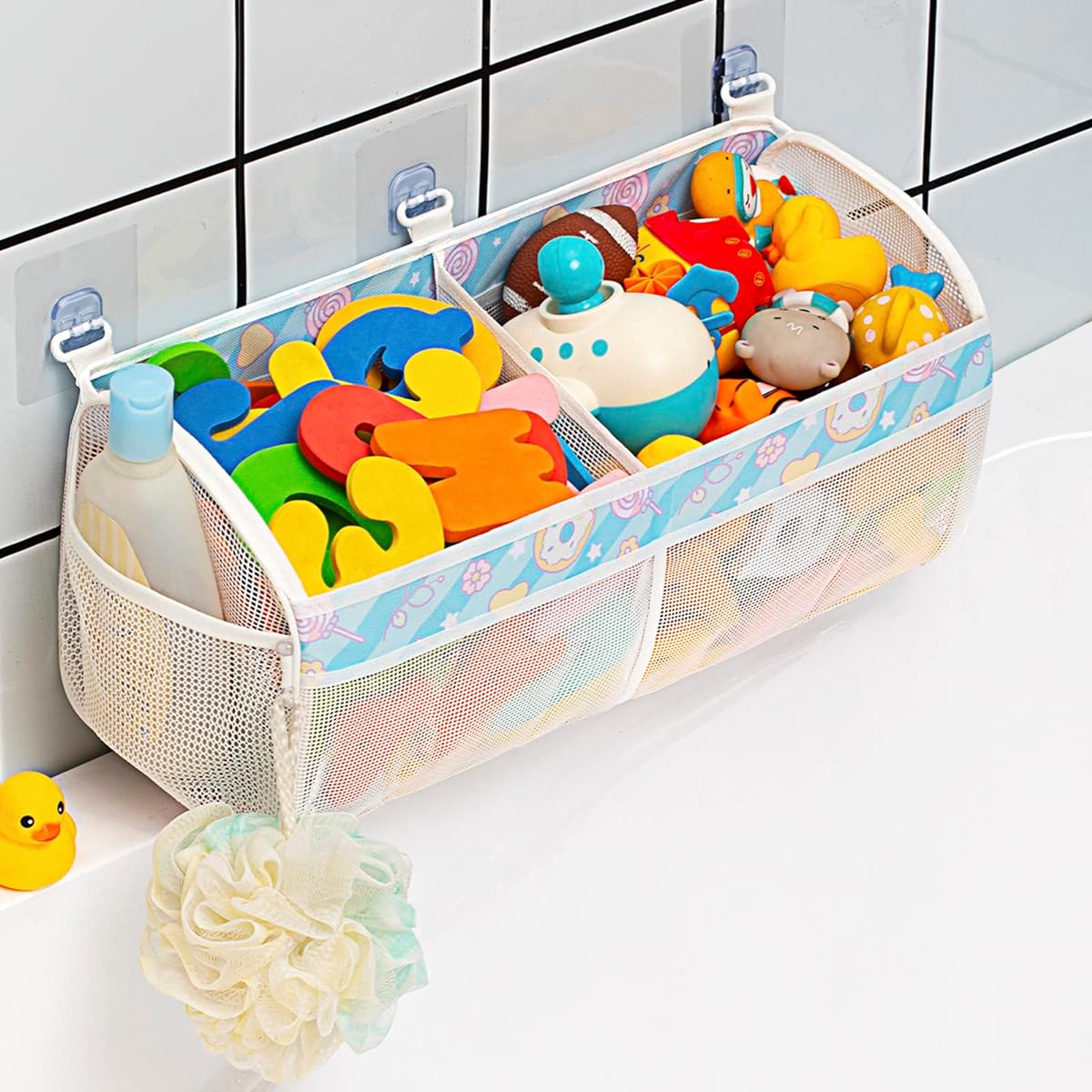 Austion Mesh Bath Toy Storage for Bathtub - Sorting Baby Toys Bathtub Toy Holder - Large Capacity Bath Toy Organizer Large Opening Quick Dry Breathable (Blue)