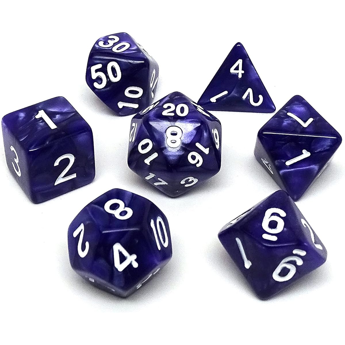 Marble Swirl Polyhedral Dice Set - 7 Piece Dice Set D20 D12 D10 D8 D6 D4 D00 (Purple Marble with White Font)