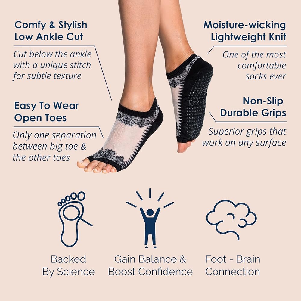 [Tucketts] Yoga Socks for Women, Non-Slip, Toeless, Non-Slip Adhesive Grip Socks - Pilates, Barre, Ballet (Flow) One Size Fits Most