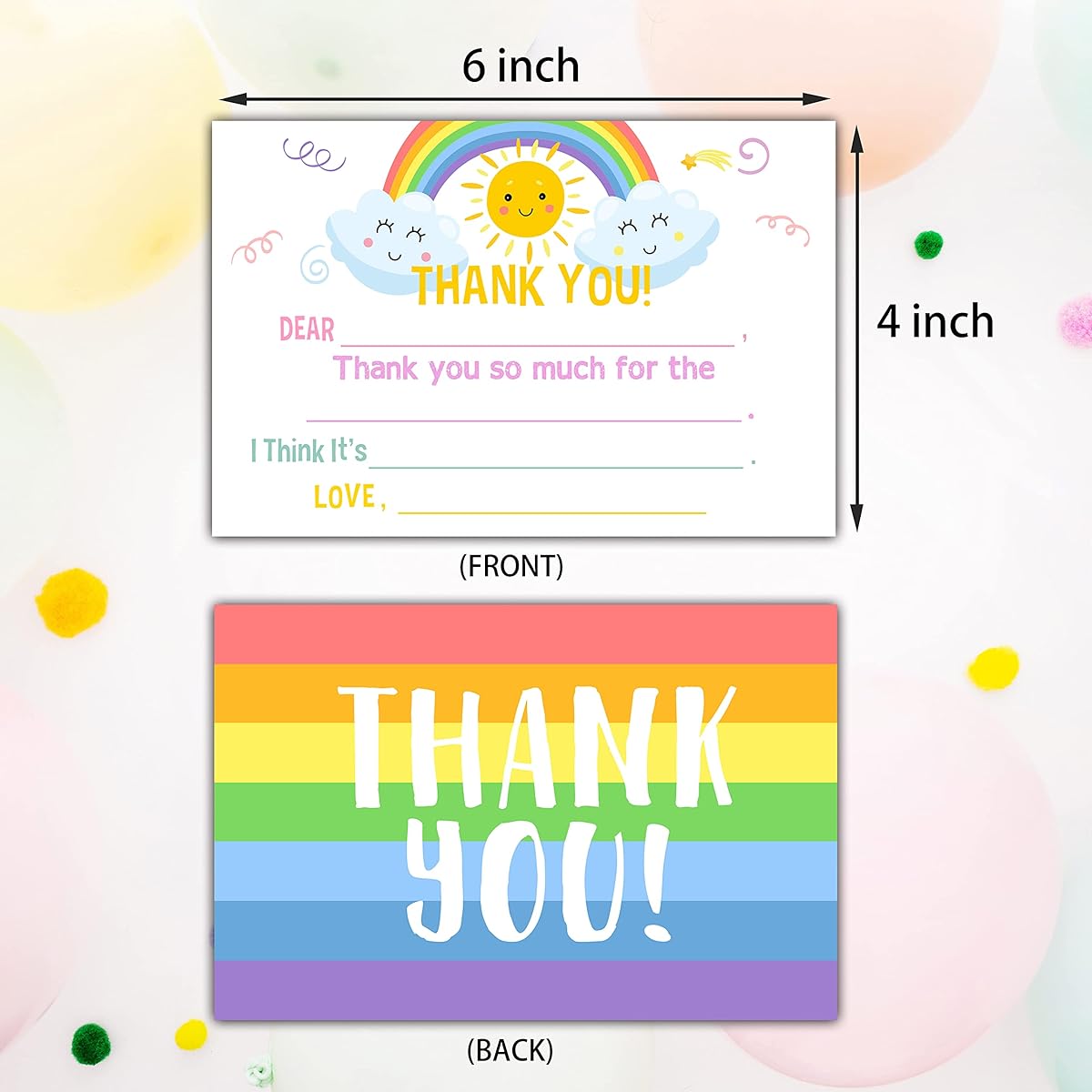 Thank You Cards for Kids Rainbow Colorful Birthday Party Thank You Notes Boys Girls 20 Cards 20 Envelopes (A06)