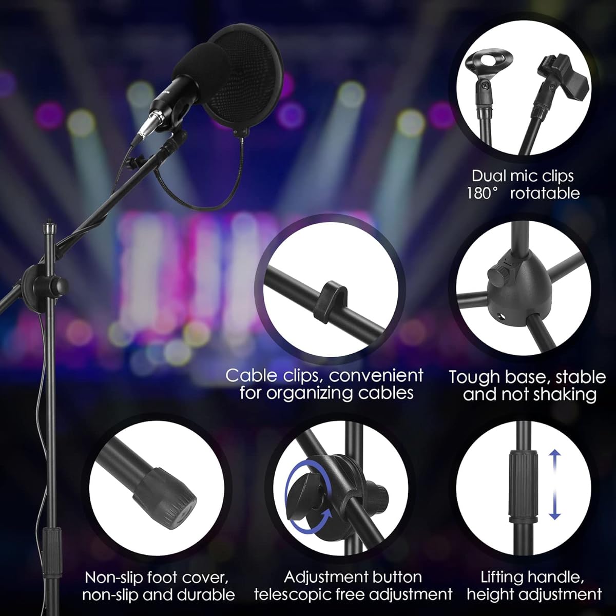 4pcs Tripod Microphone Stand Adjustable Boom Height Mic Stand with Microphone Clip and Windshield, Foldable Overhead Boom Stand for Live Stream Singing Stage Performance Studio Up to 60" Height