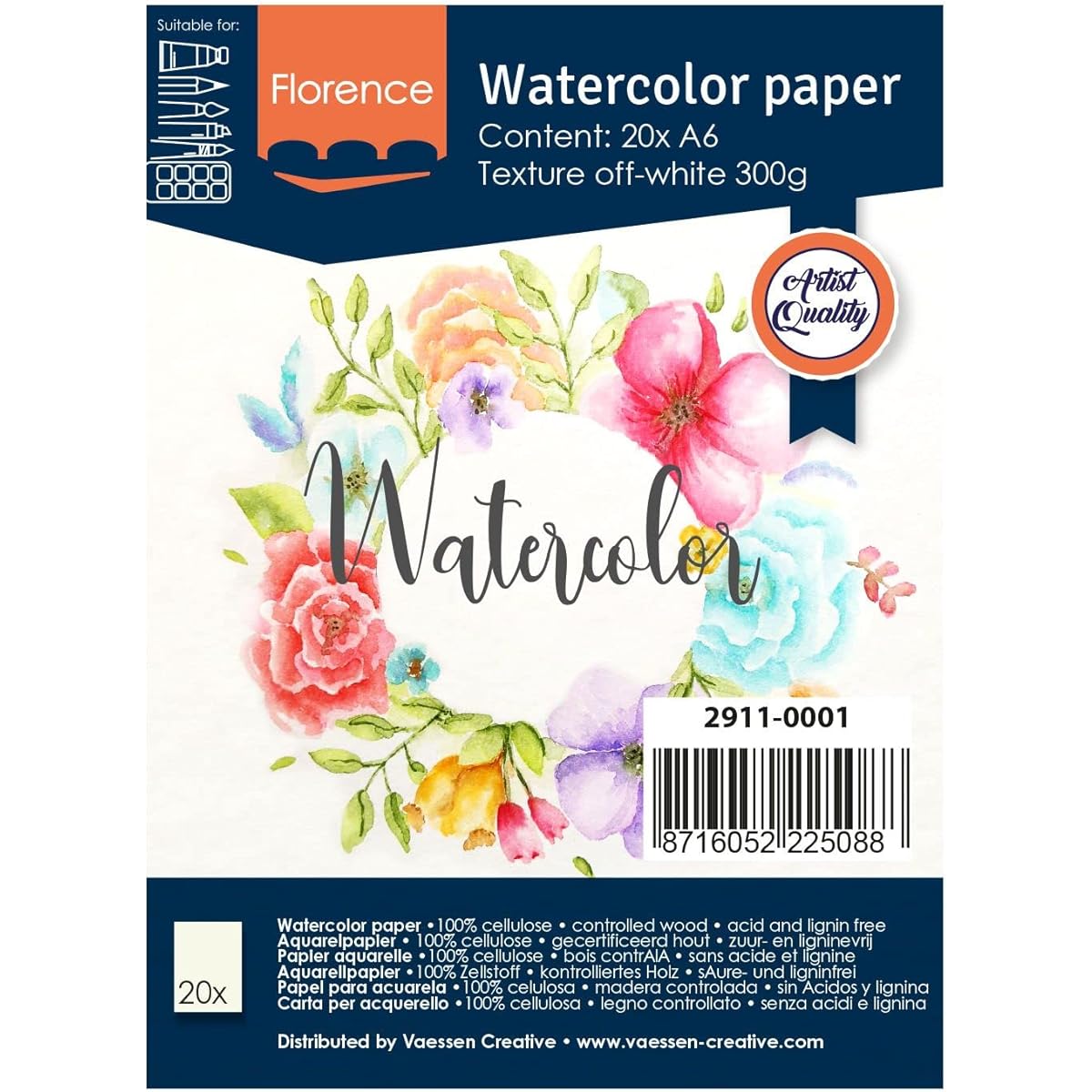 Vaessen Creative Florence Watercolor Paper A6 Ivory 300GSM Artist Grade Quality Textured Surface 20 Sheets for Painting, Writing and Art Projects