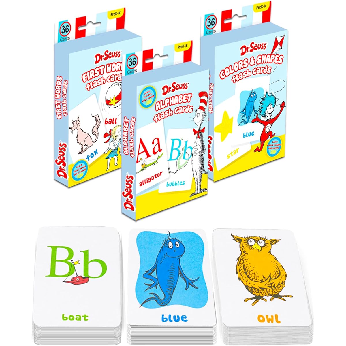 Dr. Seuss Flash Cards Super Set for Toddlers Kids - 144 Cards (4 Packs) with Dry Erase Board (Dr. Seuss ABC Flash Cards, Number Flash Cards, Colors and Shapes, First Words) with Stickers