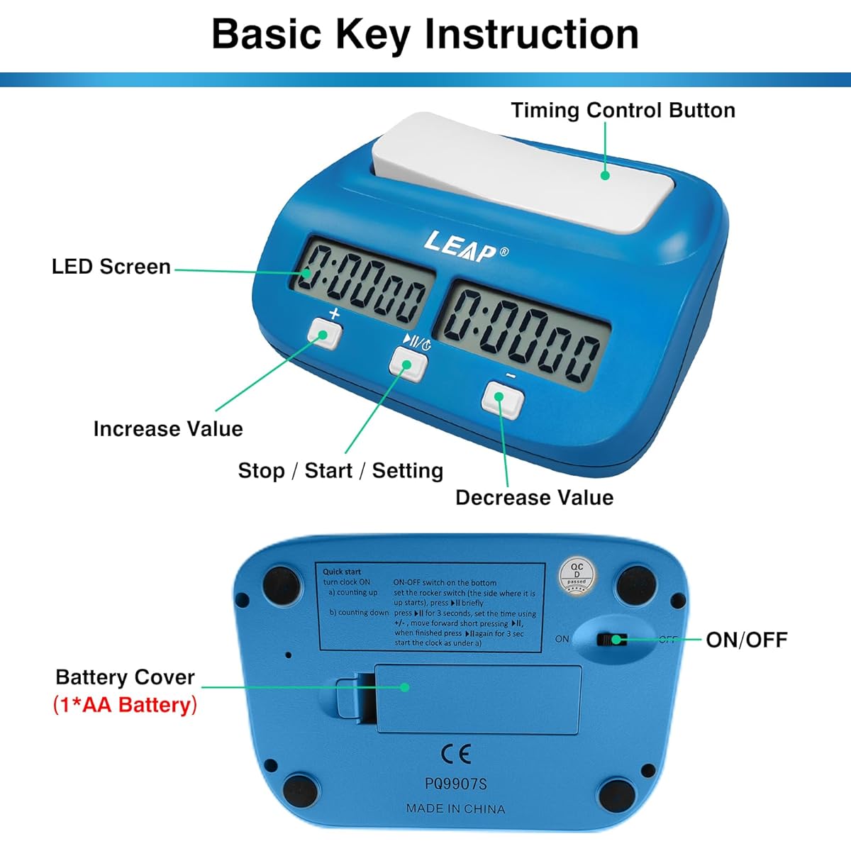 Chess Clock Portable Professional Digital Chess Clock Timer with Bonus Delay Count Up/Down Audible Alarm Function for Professional Chess Board Game Blue