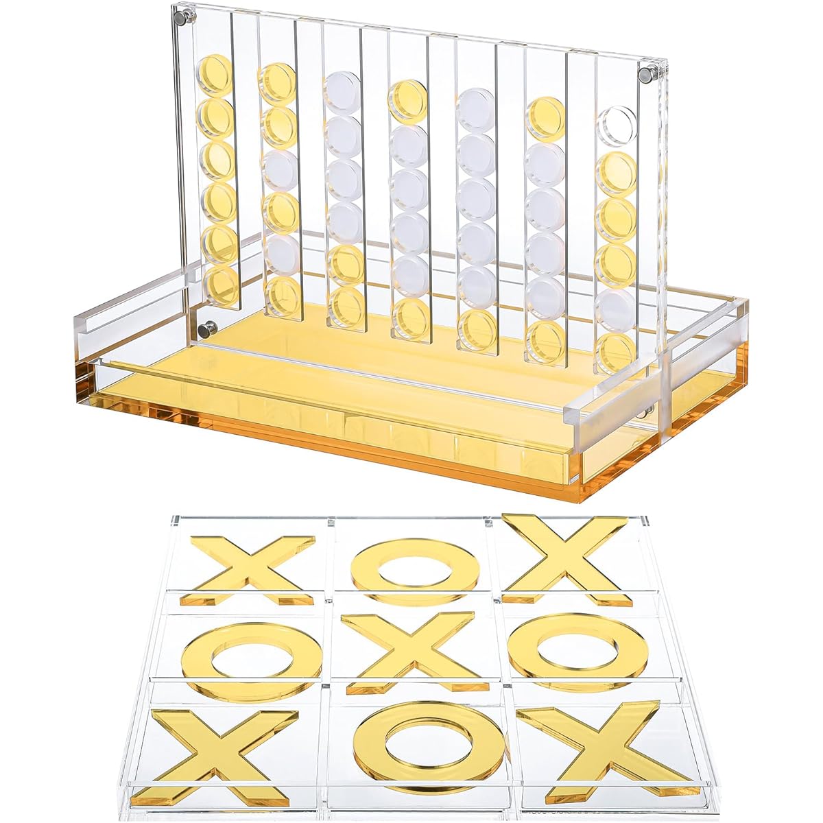 RoundFunny Acrylic Tic-Tac-Toe Set of 2, 4" Tie-Toe Game, Classic Board, Outdoor Game, Adult and Family Table Game, Strategy Board Game for Living Room/Table/Guest Room Decor (Yellow and White)