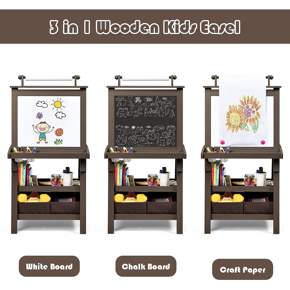 Costzon Kids Art Easel, 3-in-1 Double-Sided Wooden Easel with Magnetic Whiteboard, Chalkboard, Paper Roll, 2-Tier Rack and 2 Storage Boxes, Standing Easel for Kids Toddlers, Boys and Girls (Coffee)