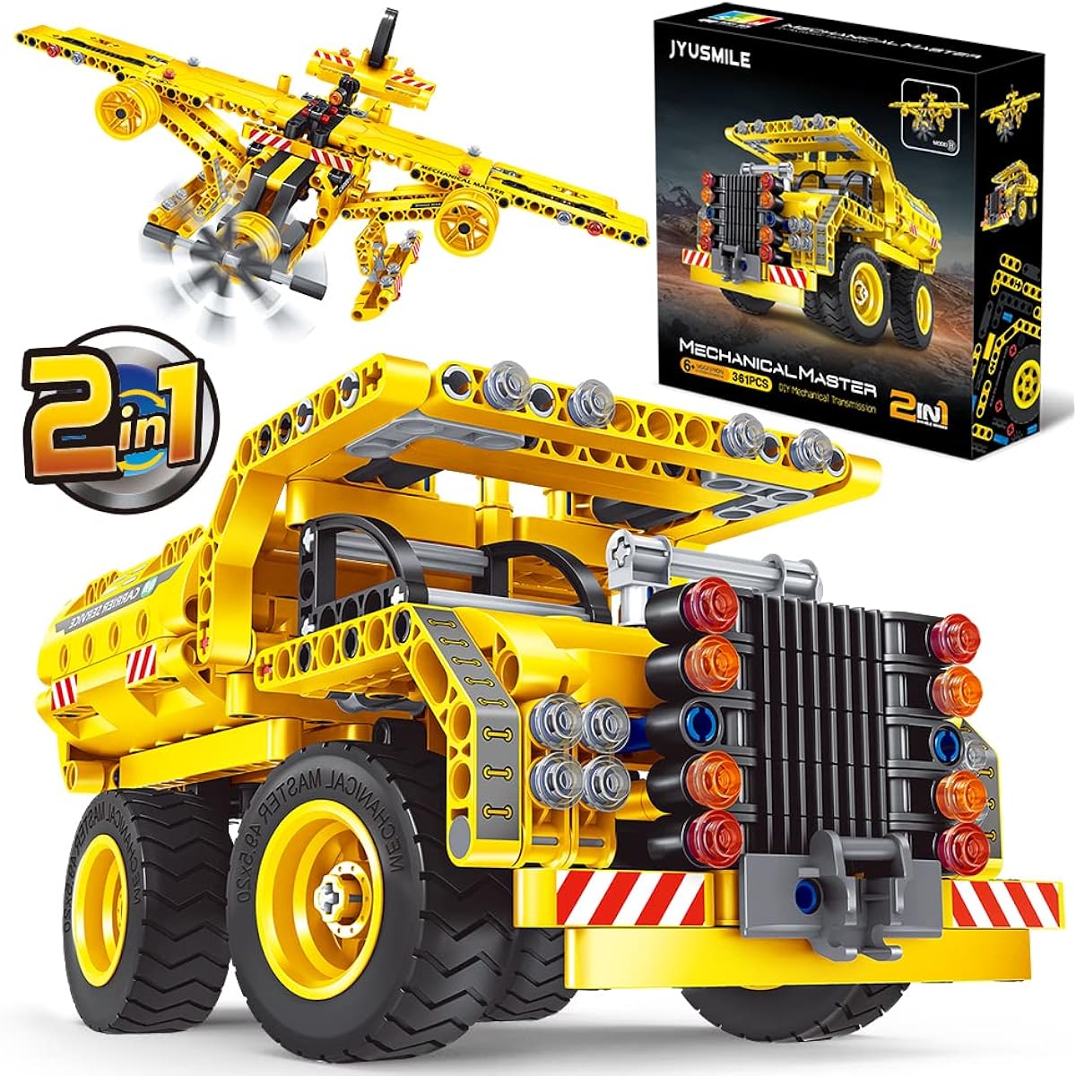 Jyusmile STEM Toys Building Toys for Ages 6 7 8 9 10 11 12 Kids Boys Girls - 2 in 1 Truck Plane Take Apart Toy 361 Pieces DIY Building Blocks Kit Engineering Construction Toys