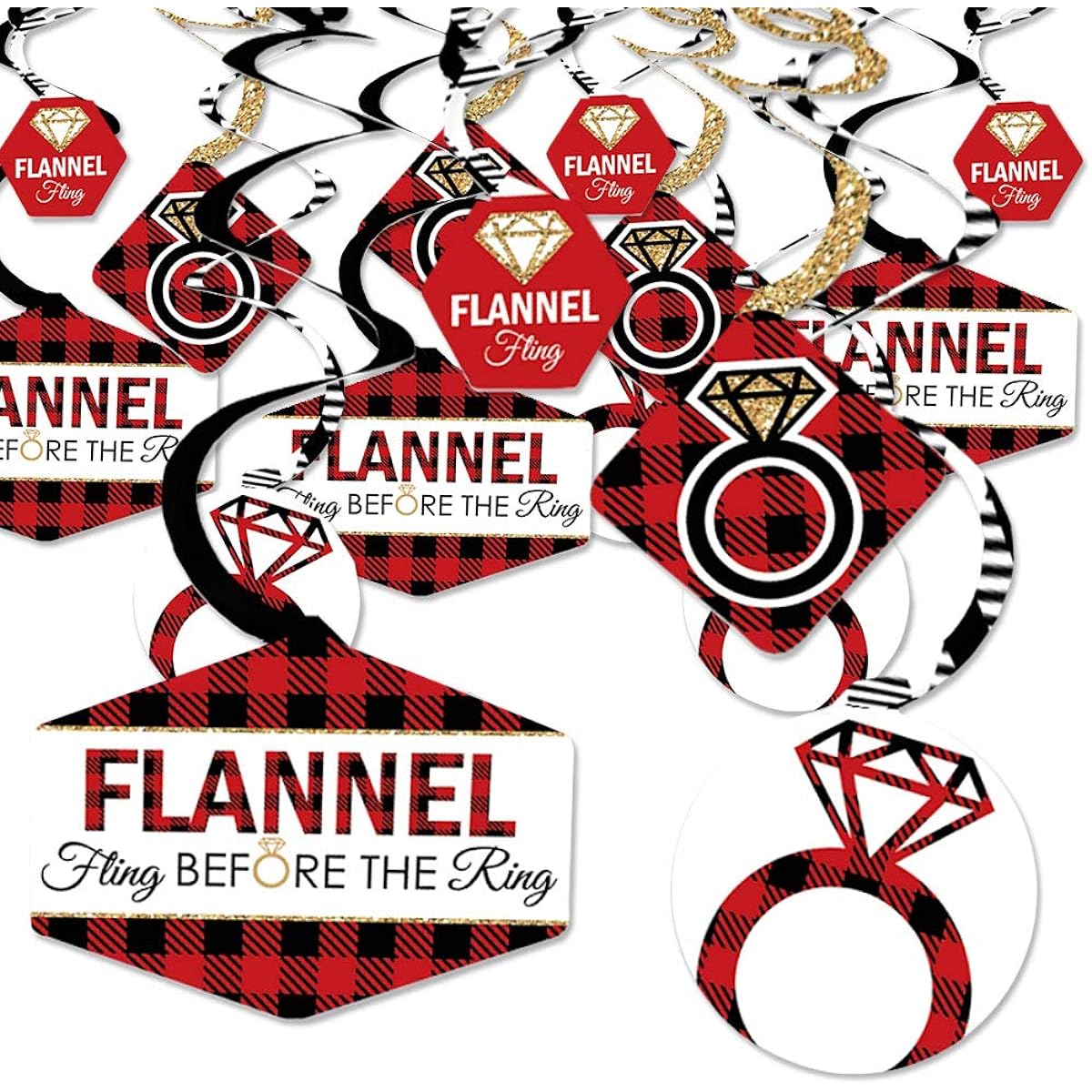 Big Dot of Happiness Flannel Fling Before The Ring - Buffalo Check Bachelorette Party Hanging Decor - Party Decorations Swirls - Set of 40