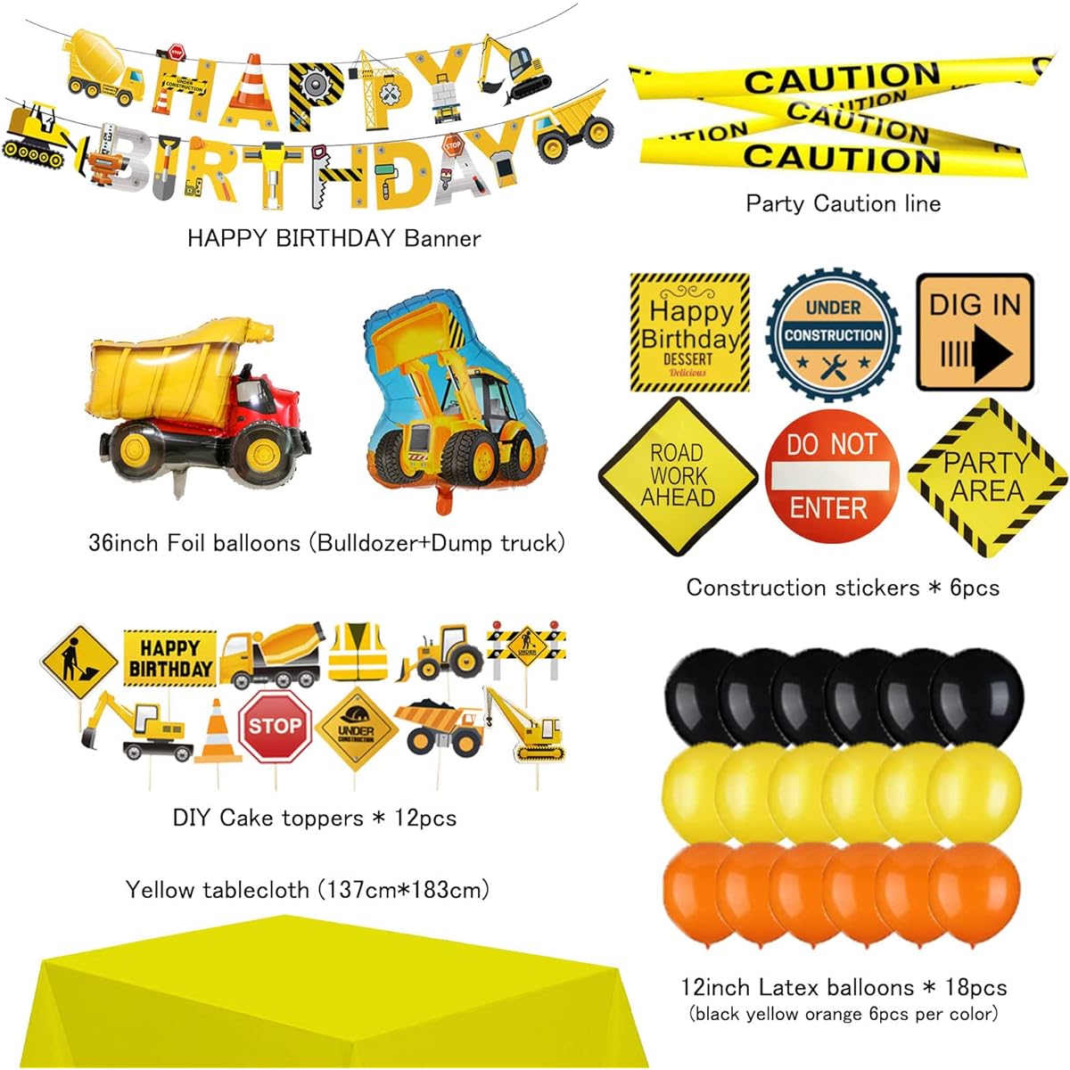 Party Supplies Set 41pcs Bulldozer Dump Truck Foil Balloons Party Decorations Kit Vehicles HAPPY BIRTHDAY Banner Cupcake Toppers Warning Tape Traffic Sign Stickers Balloons Garland Table Cover Kids Boys Birthday Baby Shower Engineering Theme Party Favors