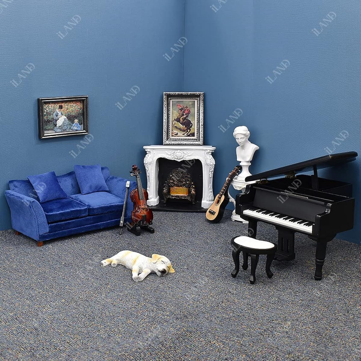 iLAND Modern Dollhouse Furniture 1/12 Scale Miniature Sofa for Dollhouse Living Room (Dark Blue Velvet)