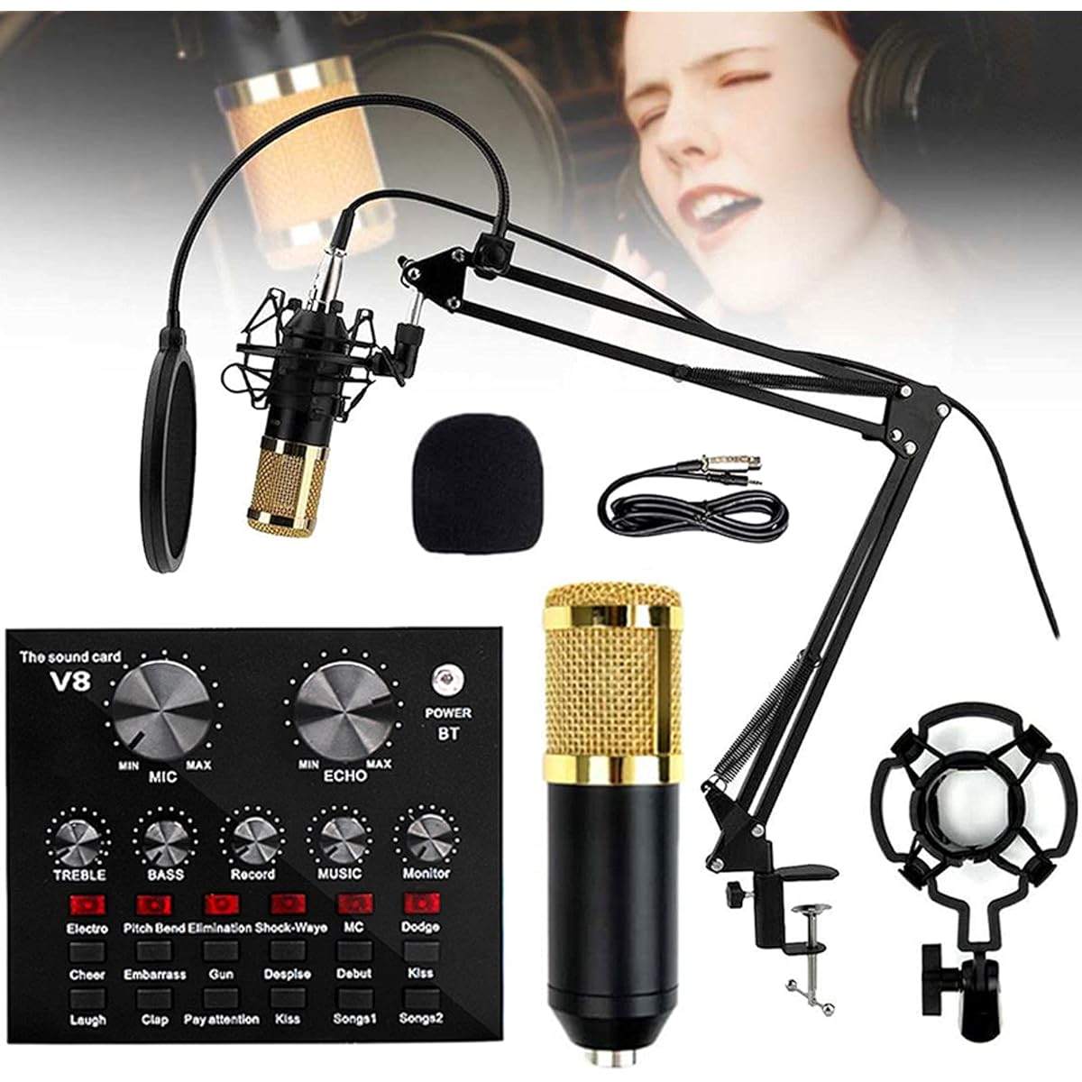 Condenser Microphone Kit, V8 Sound Card with Effects and Voice Changer, Broadcasting Studio Recording Condenser Professional Adjustable Studio Microphone Bundle