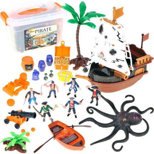 PowerTRC Pirate Action Figures Pirate Sea Monster Boat Treasure Chest Cannon Figures Playset for Kids