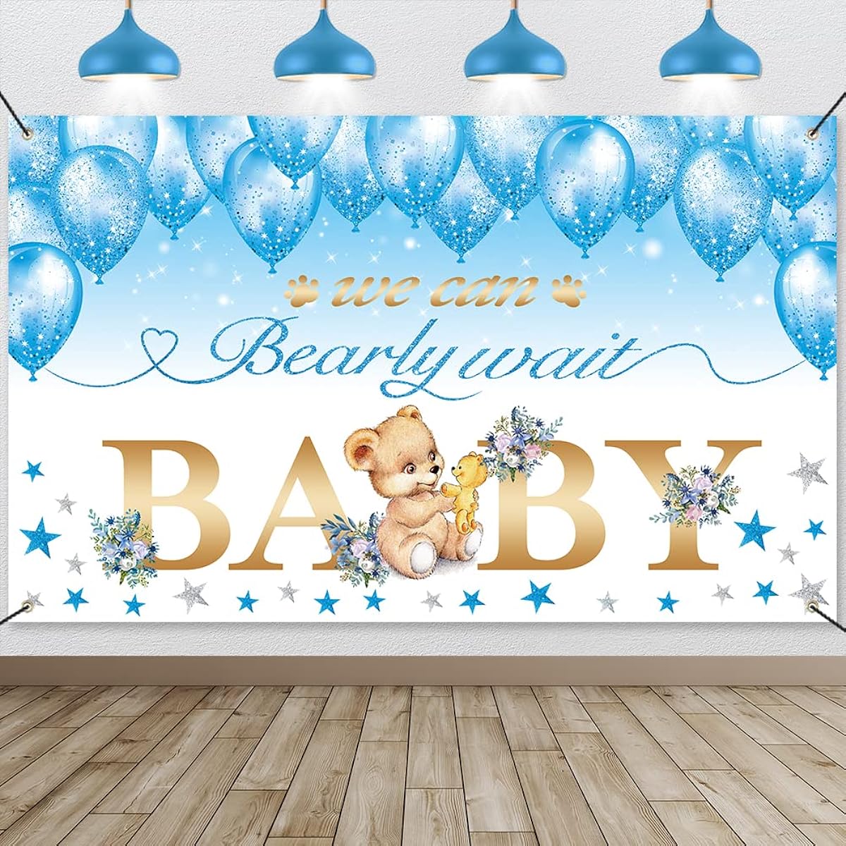 Bear Baby Shower Party Backdrop We Can Bearly Wait Baby Shower Decorations Baby Bear Baby Shower Banner Bear Balloon Star Flower Background Baby Boy Girl Baby Shower Gender Reveal Birthday Party