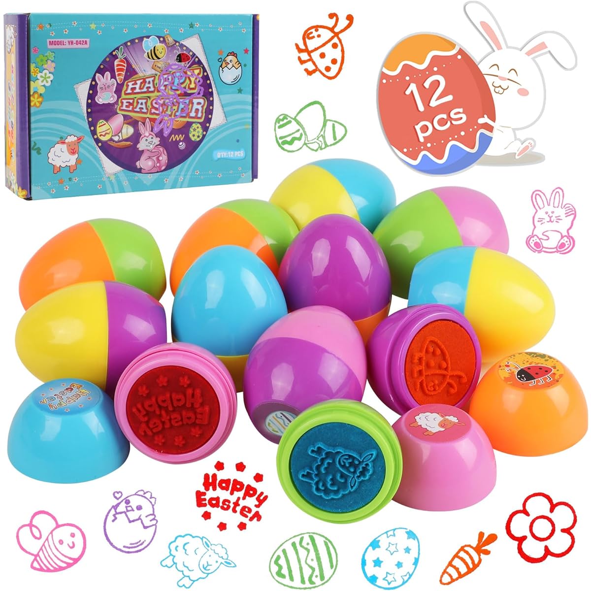JOFONY Easter Egg Stampers, 12 Pieces Easter Eggs with Self-Inking Stamps for Kids, Easter Party Favors, Classroom Exchange Gifts, Favor Supplies, Easter Basket Stuffers